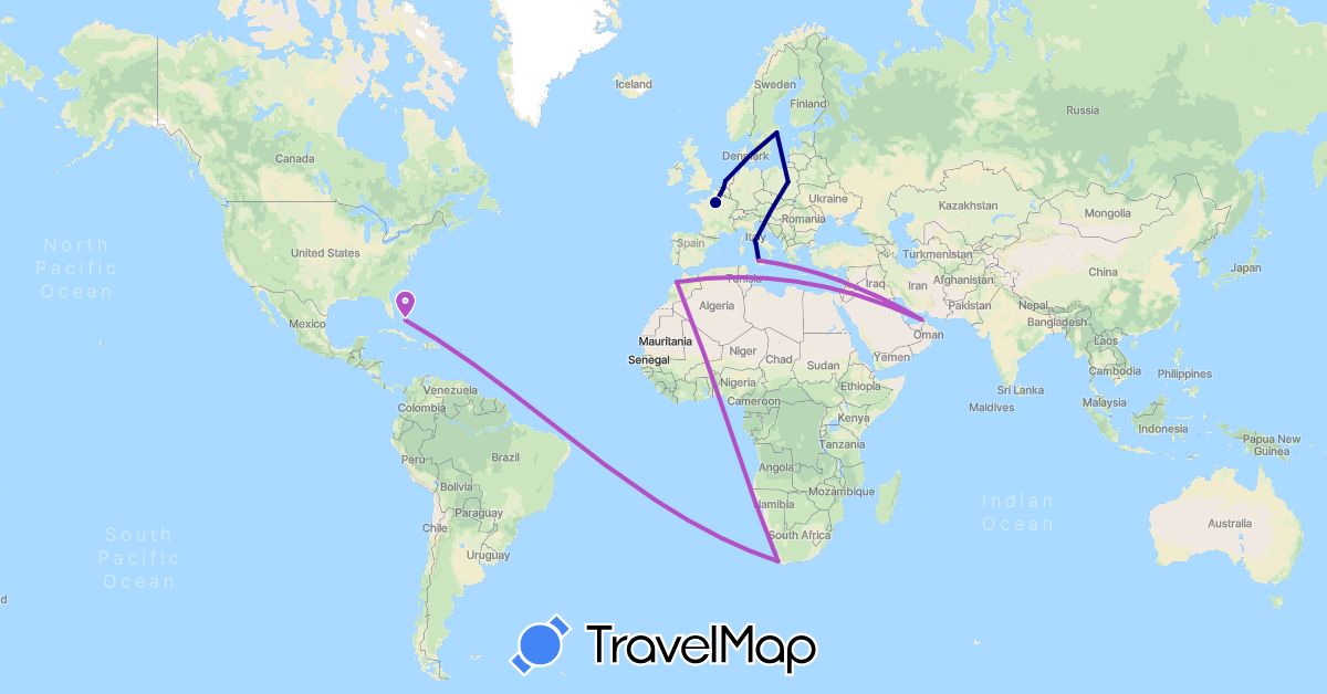 TravelMap itinerary: driving, train in United Arab Emirates, Belgium, Bahamas, France, Italy, Morocco, Netherlands, Poland, Sweden, South Africa (Africa, Asia, Europe, North America)